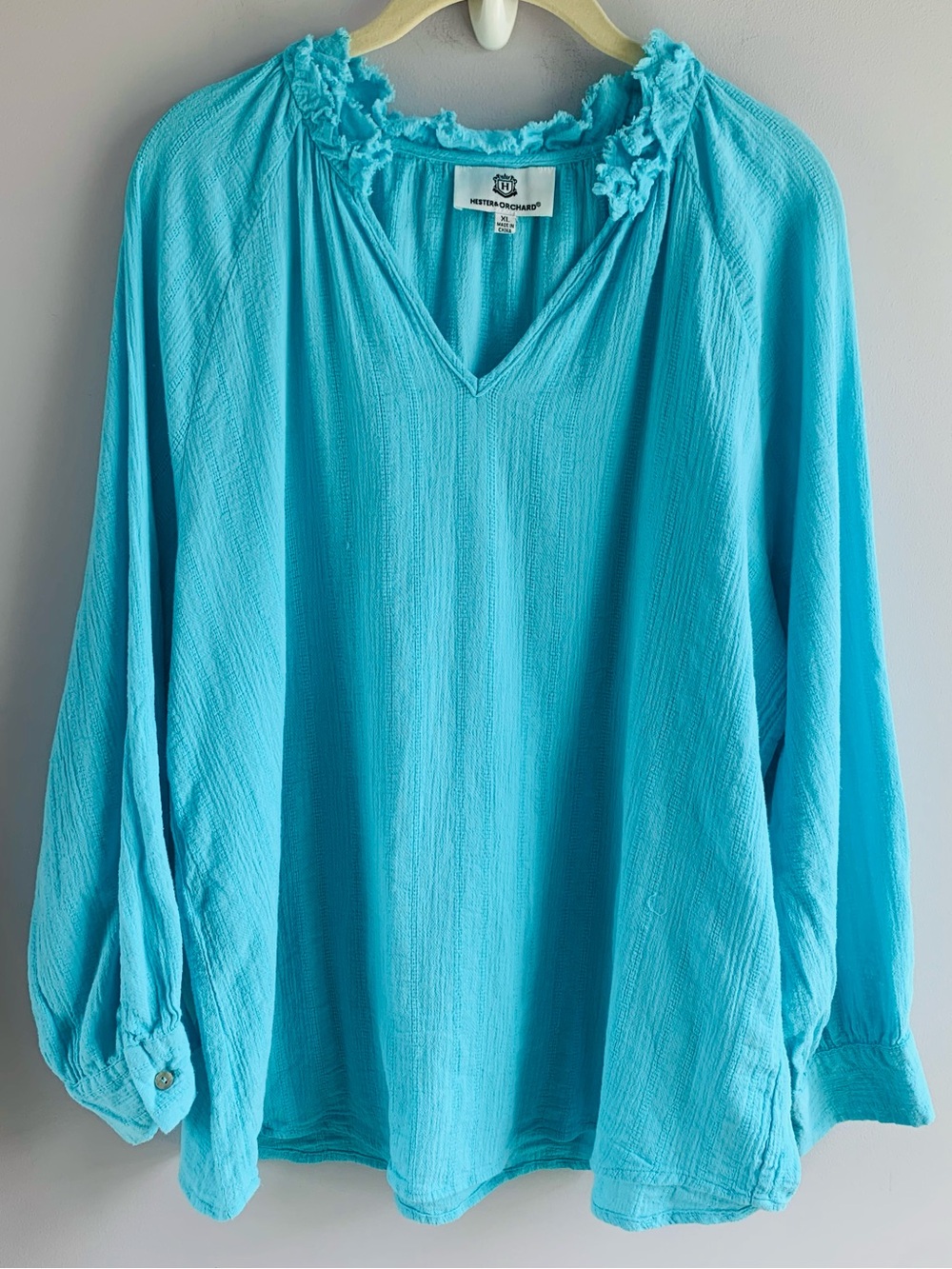 Hester & Orchard Blouse Top Turquiose Aqua Ruffles Long Sleeve Cotton EUC XL